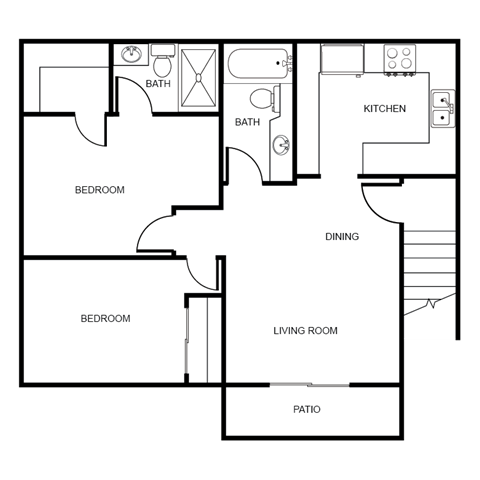 Floor plan for 2 beds, 2 baths, 860 sqft